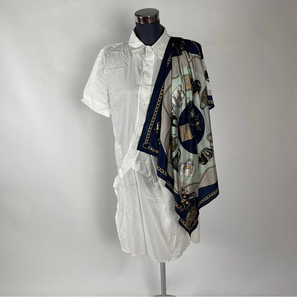 Asymmetrical Button-up Scarf Sleeve Tunic Blouse
